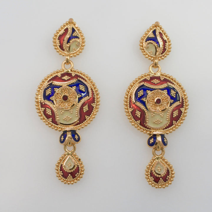 22K Yellow Gold Traditional Meenakari Dangle Earrings