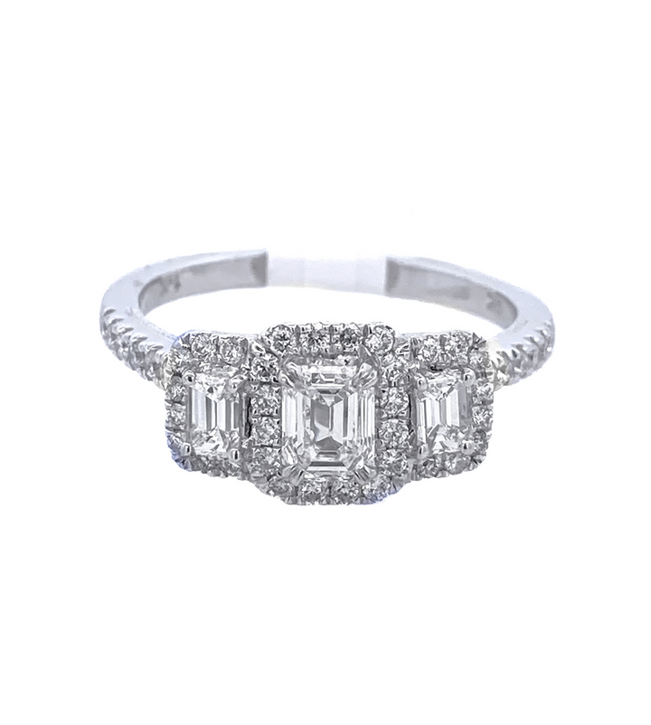 14K White Emerald Cut Diamond 0.68Ct 3 Stone Engagement Ring