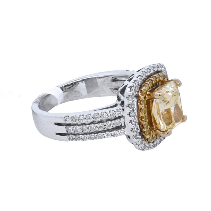 18K White Gold 1.63CT Fancy Yellow Radiant Diamond Halo Ring