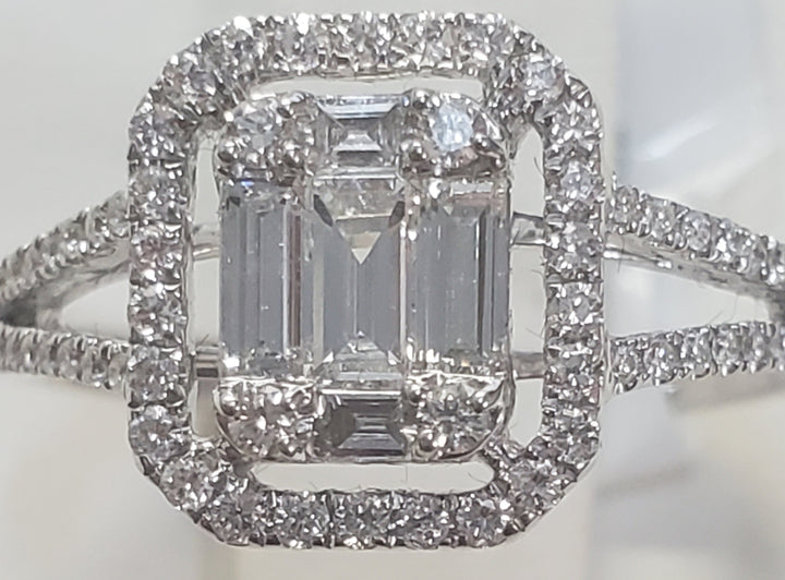 18K White Emerald- Cut Diamond 0.70Ct Halo Engagement Ring