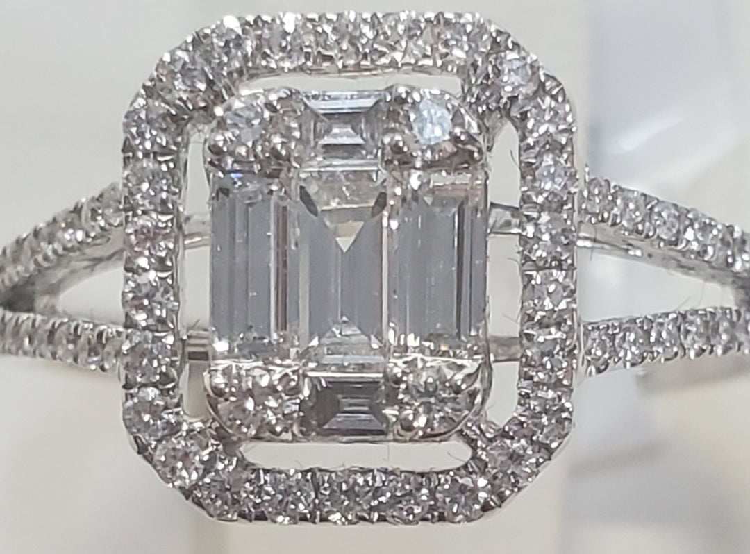 18K White Gold 0.70Ct Emerald Cut Diamond Halo Ring