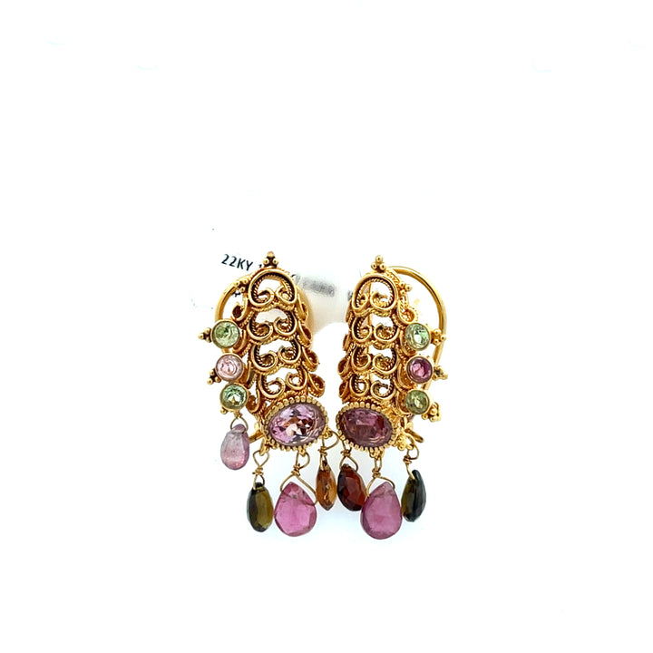 22K Yellow Gold Multi-Gemstone Clip Back Earrings