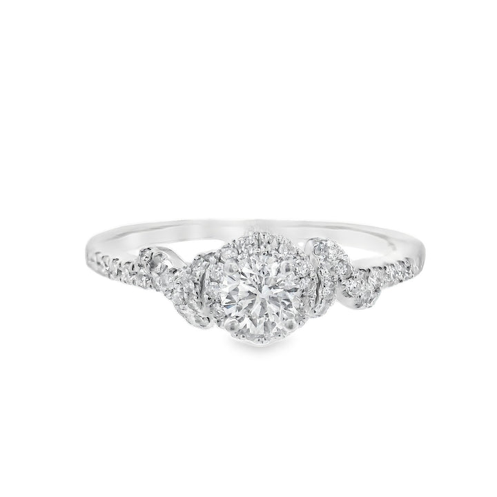 14K White Round Diamond Halo Engagement Ring