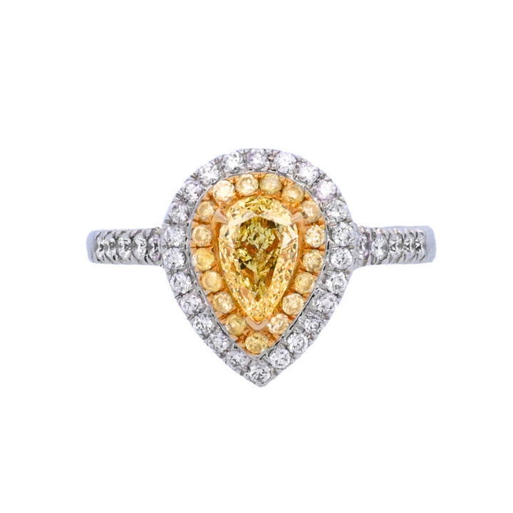 14K Two-Tone Pear Yellow Diamond Halo Fashion Ring
