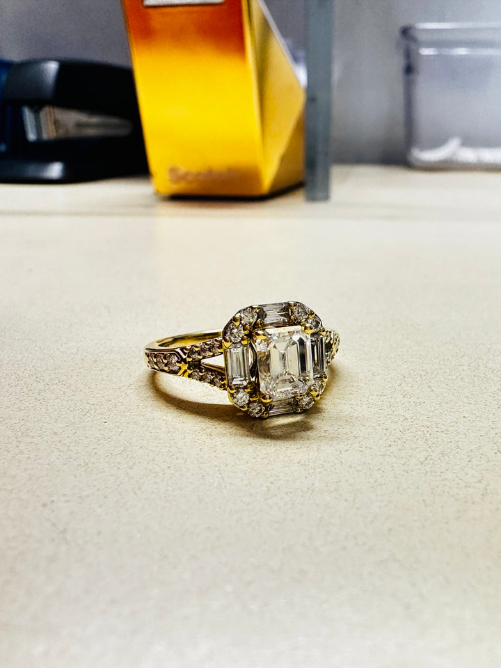 18K Yellow Emerald- Cut Diamond 0.25Ct Halo Engagement Ring