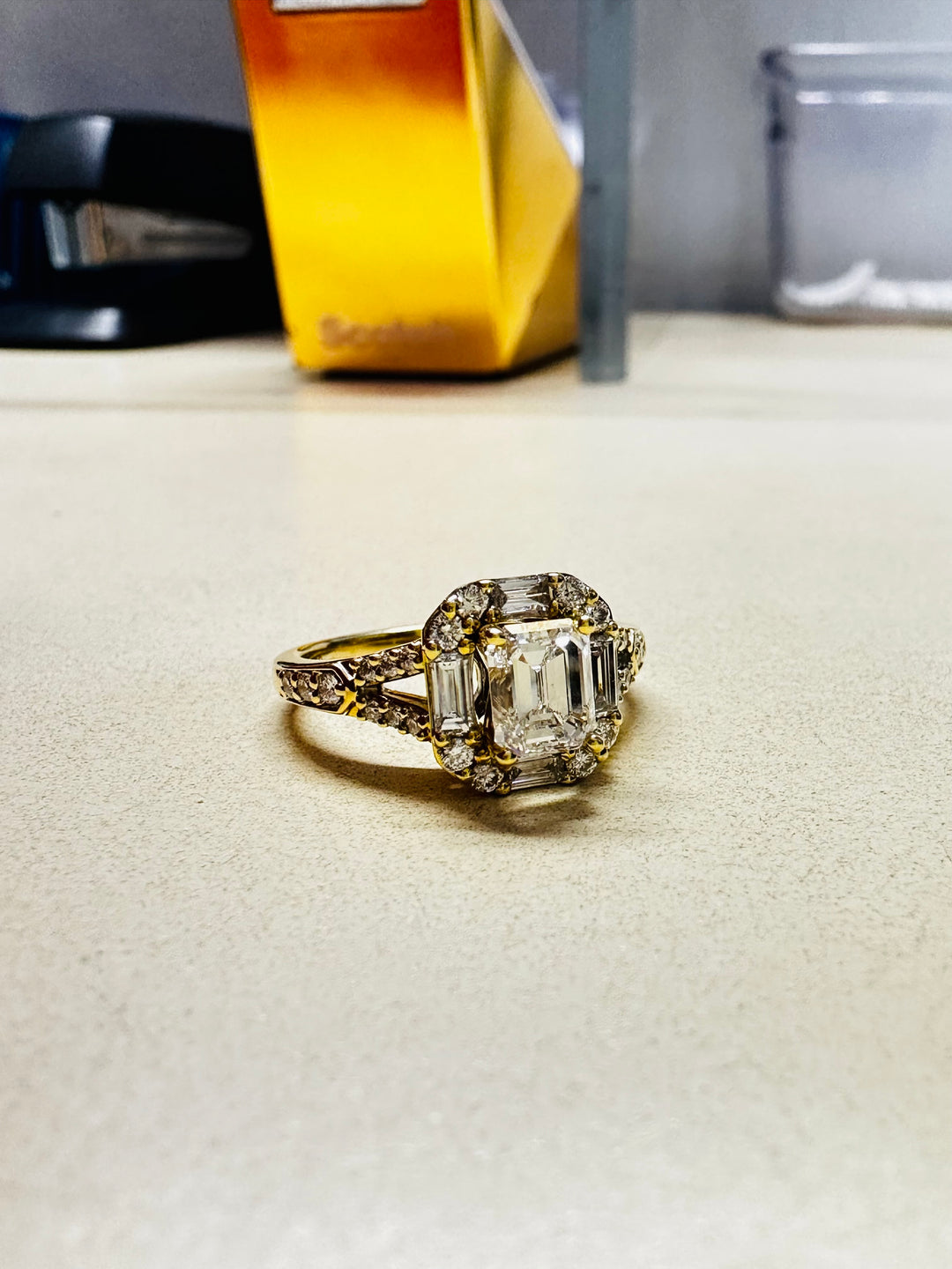 18K Yellow Gold Emerald-Cut Diamond Halo Ring