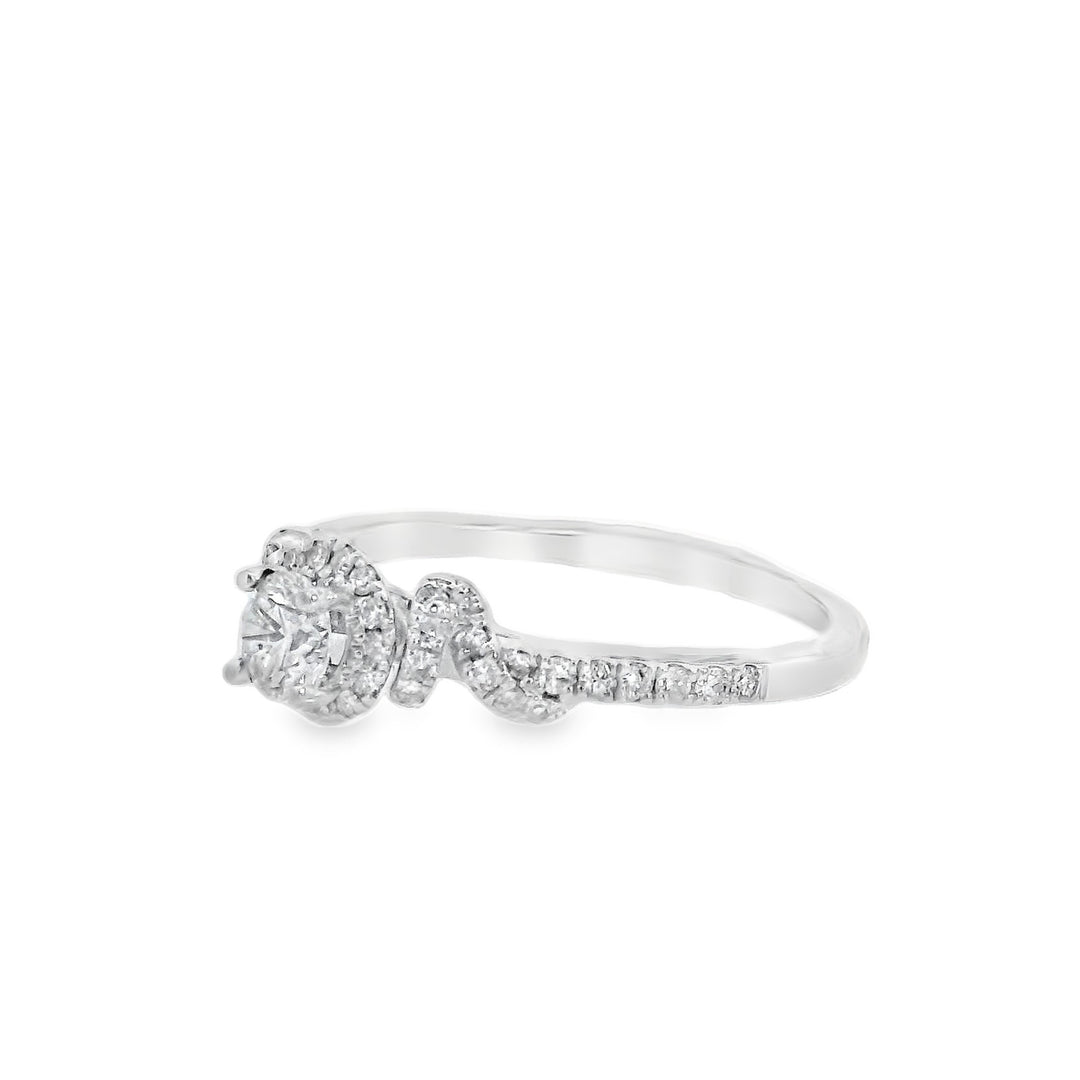 14K White Round Diamond Halo Engagement Ring