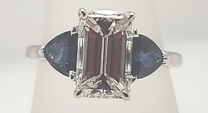 14K White Emerald- Cut Diamond 3.00Ct 3 Stone Engagement Ring