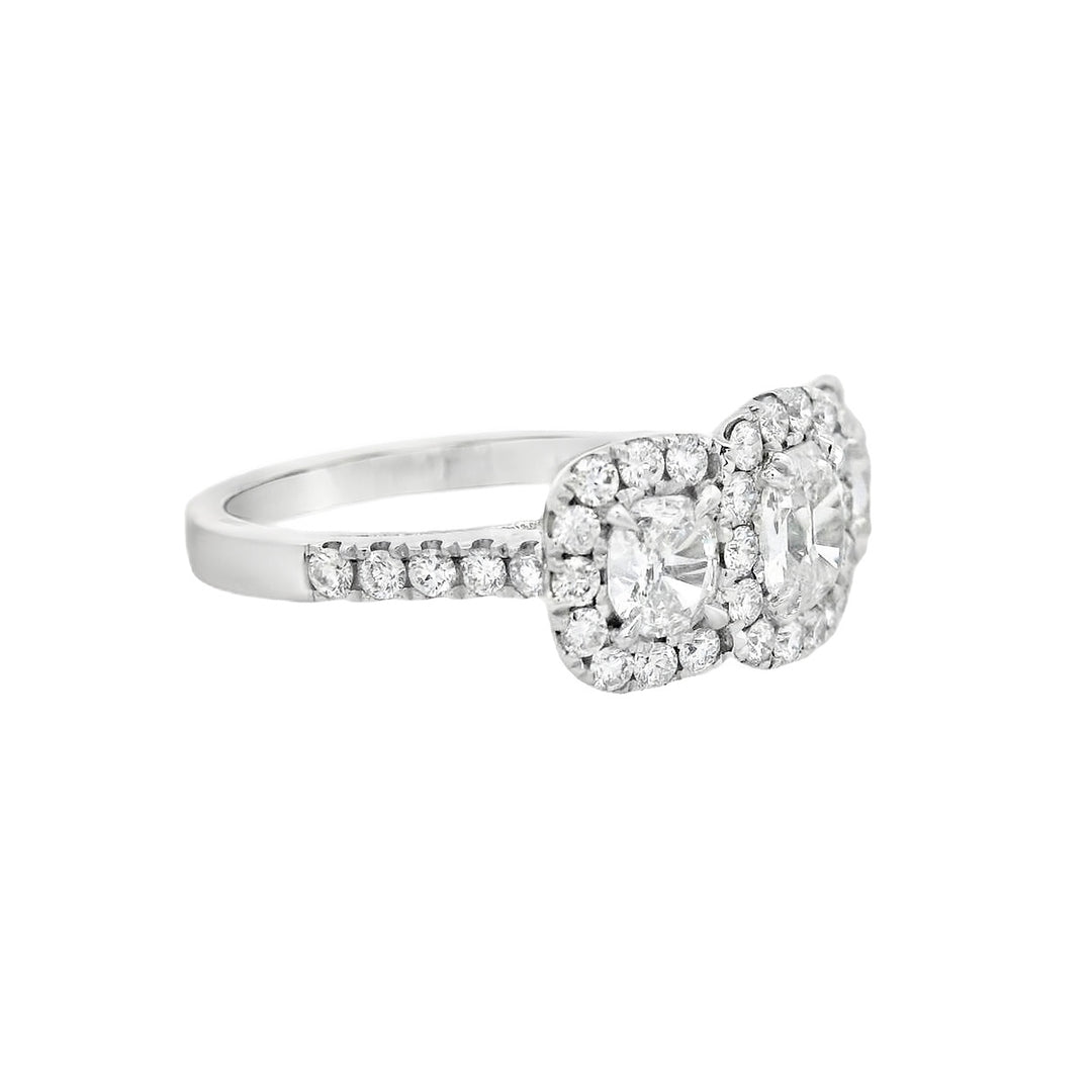 14K White Cushion Diamond 0.98Ct 3 Stone Engagement Ring