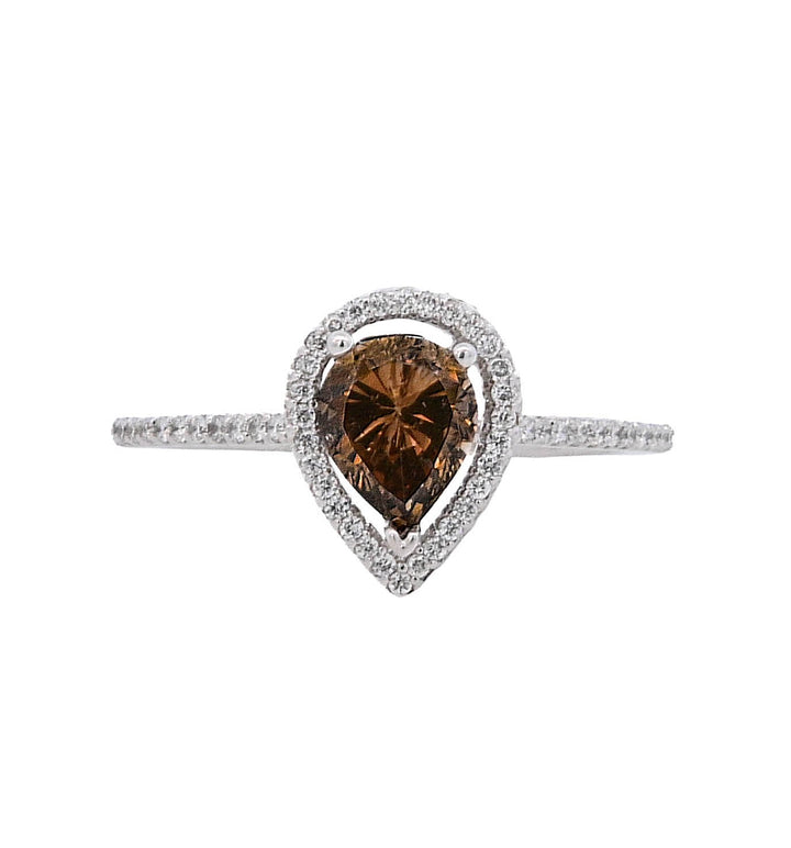 14K White Gold 0.87Ct Pear Brown Diamond Halo Ring
