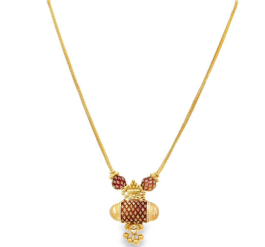 22K Yellow Gold Red Enamel Beaded Pendant Necklace