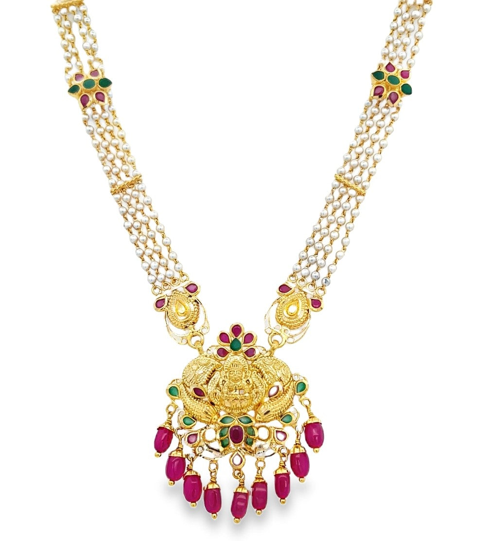 22K Yellow Gold Multi-Gemstone Pearl Ruby Emerald Pendant