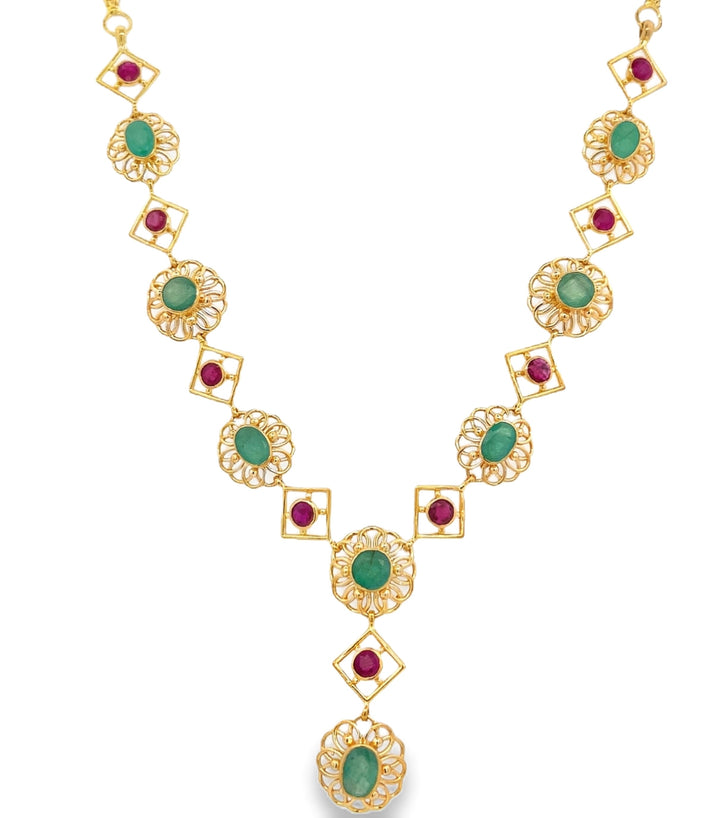 22K Yellow Gold Ruby and Emerald Luxury Necklace