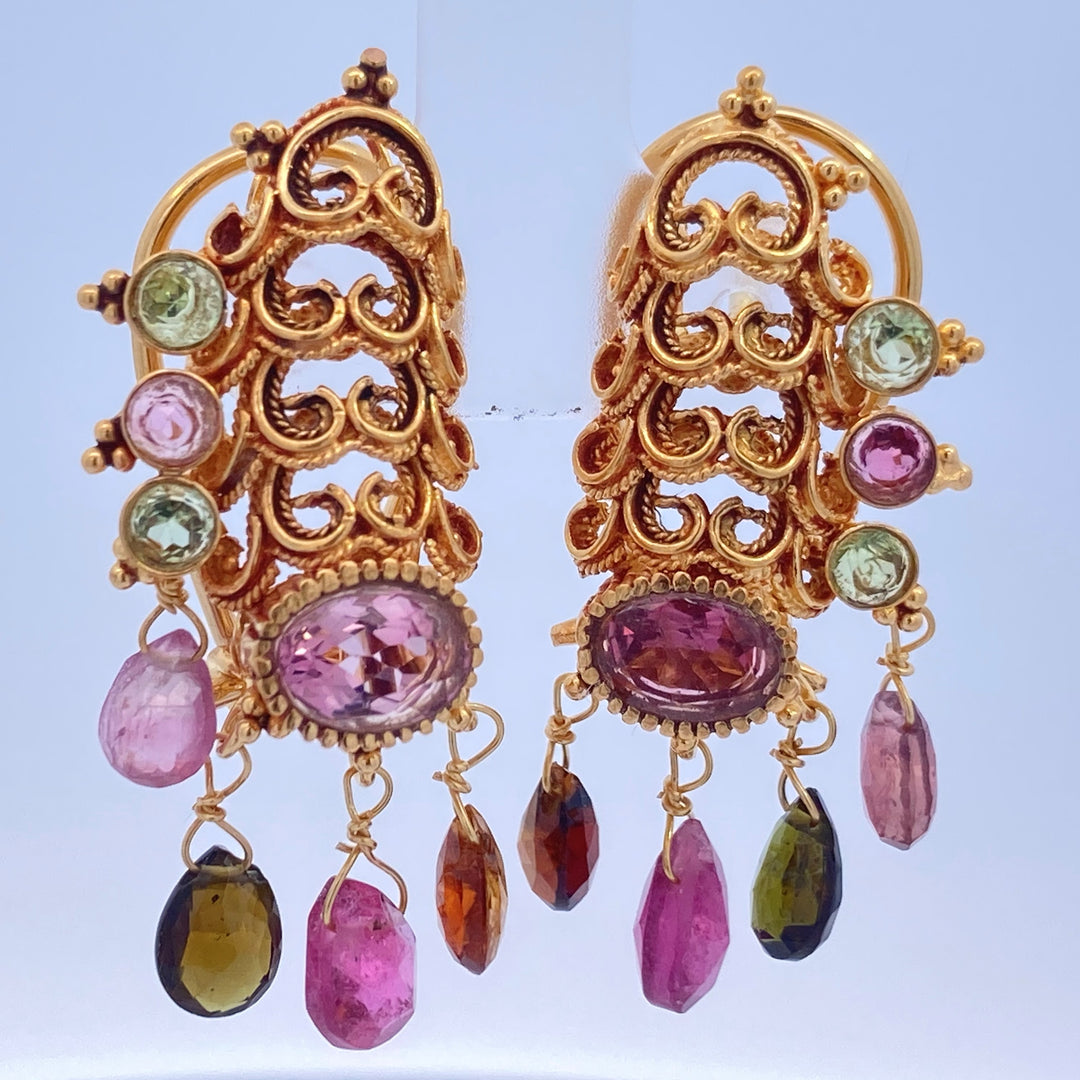 22K Yellow Gold Multi-Gemstone Clip Back Earrings