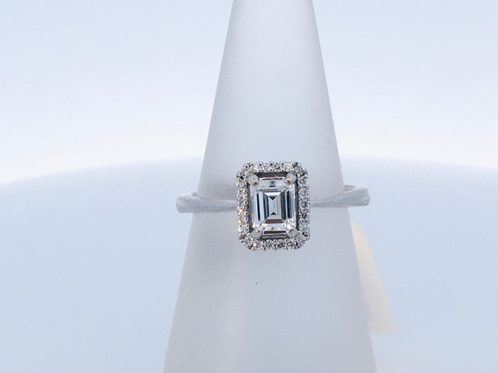18K White Gold Emerald Cut Diamond Halo Engagement Ring