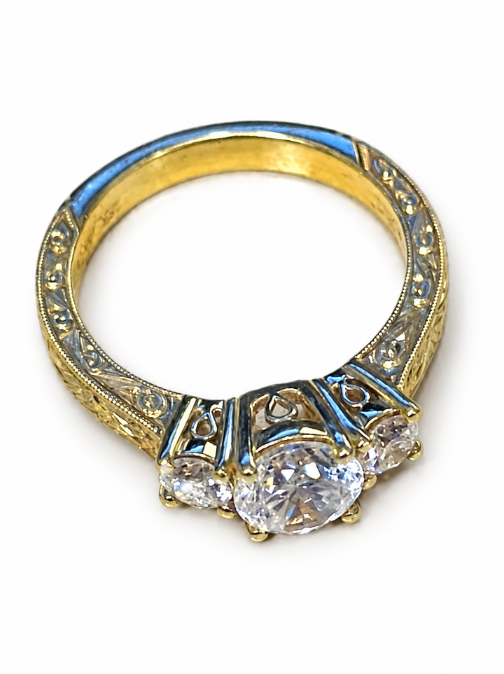 18K Yellow Gold 3-Stone CZ & Diamond Women's Ring