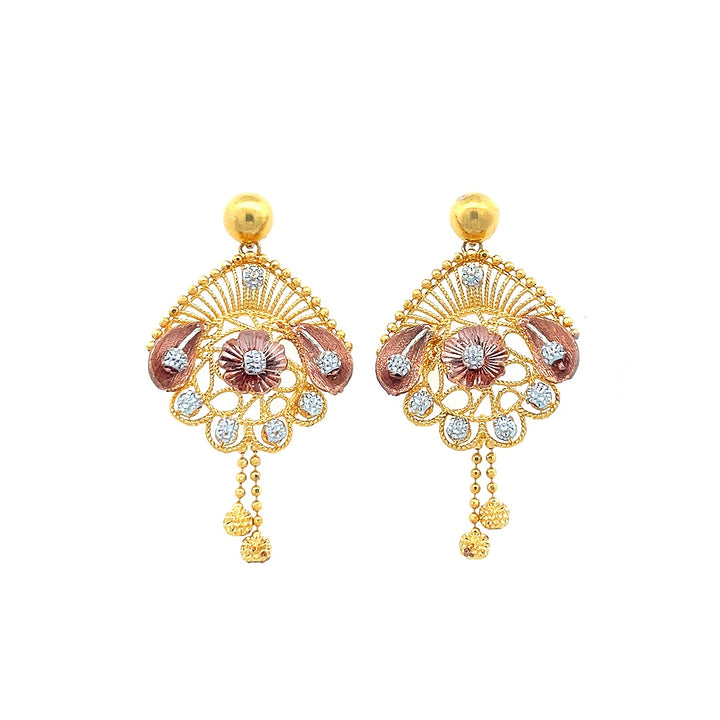 22K Yellow Gold Decorative Three-Tone Screw Back Earrings