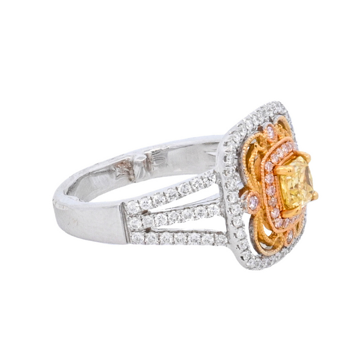 14K Tri-Color Yellow Diamond Cluster Fashion Ring