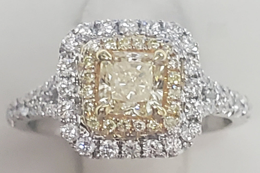 18K Two- Tone Princess Yellow Diamond 0.62Ct Double Halo Engagement Ring