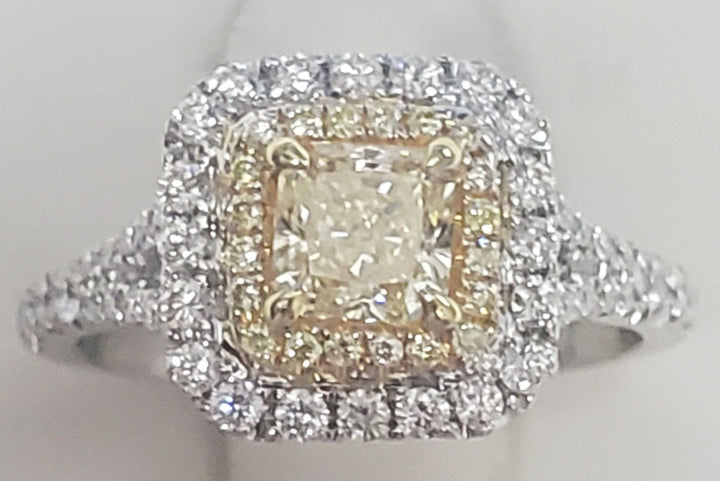 18K Two- Tone Princess Yellow Diamond 0.62Ct Double Halo Engagement Ring