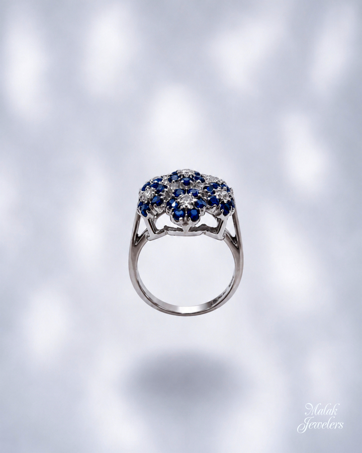 14K White Gold Sapphire and Diamond Flower Ring