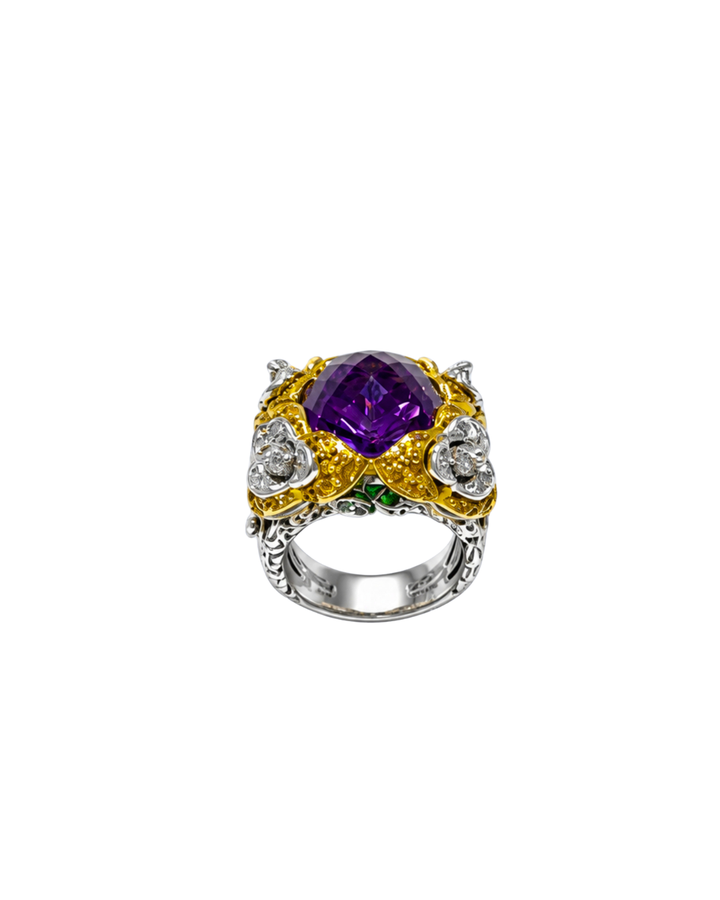 18K Yellow and White Gold Amethyst, Citrine, Peridot & Diamond Estate Ring