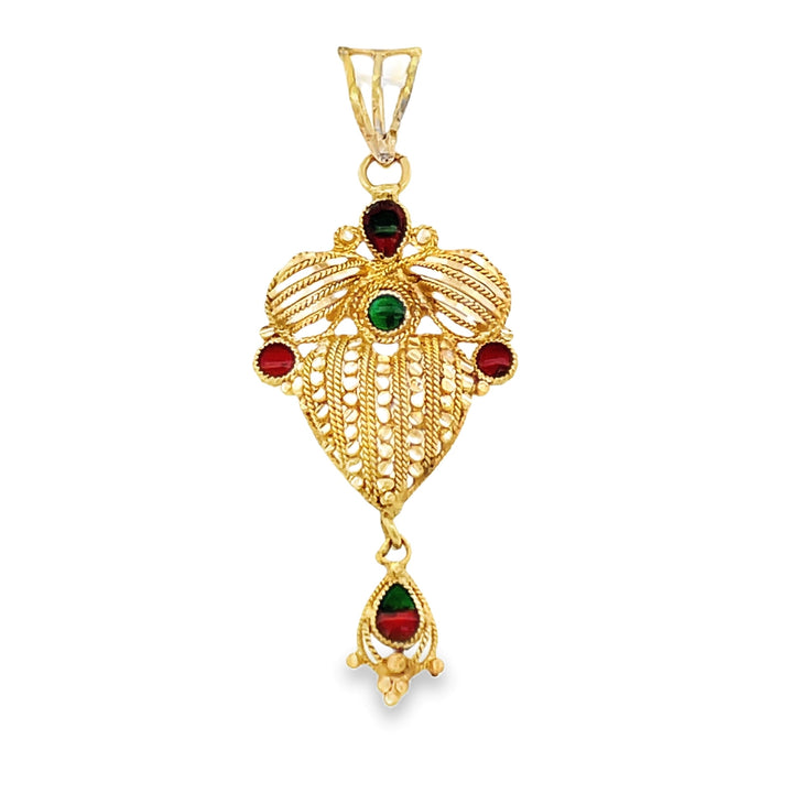 22K Yellow Gold Green Red Enamel Artisan Pendant