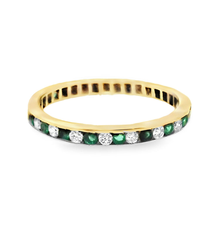 14K Yellow Gold Emerald Diamond Eternity Wedding Band