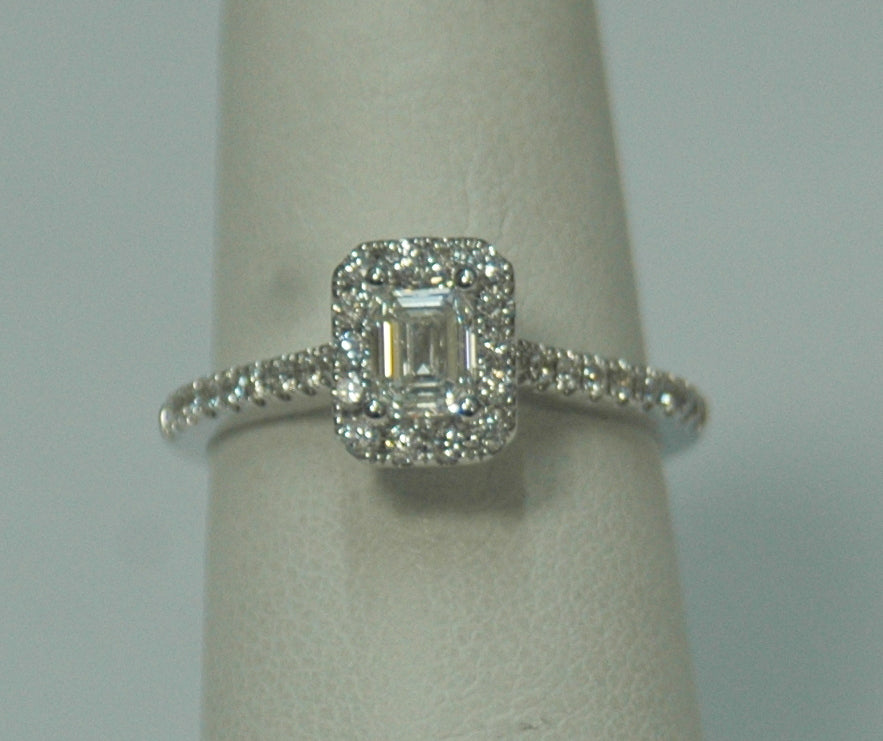 14K White Emerald Cut Diamond Halo Engagement Ring
