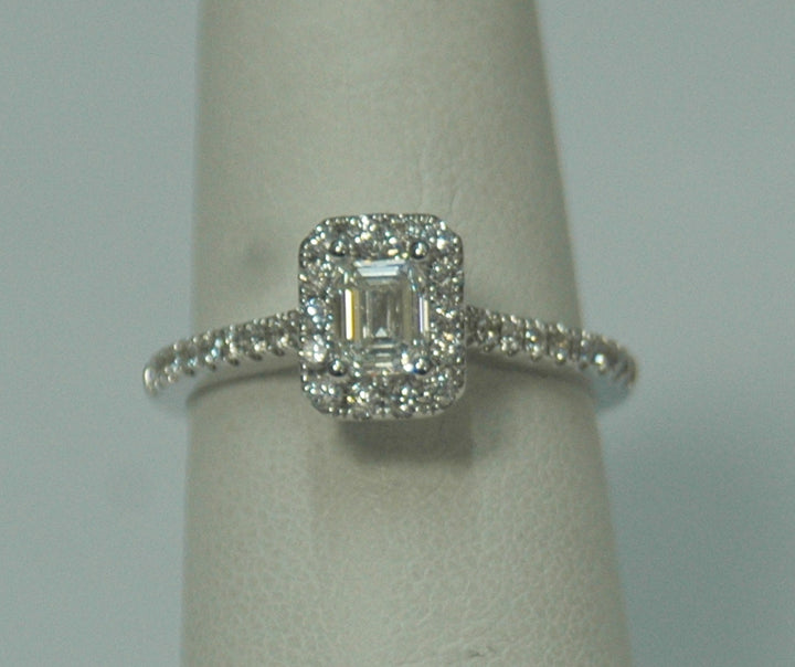 14K White Emerald- Cut Diamond 0.50Ct Halo Engagement Ring