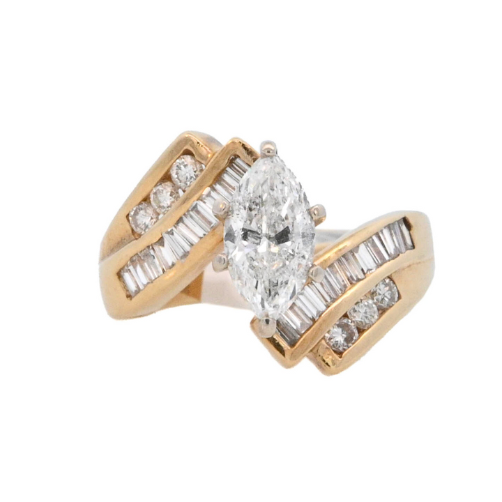 14K Yellow Gold Marquise Diamond Contemporary Engagement Ring