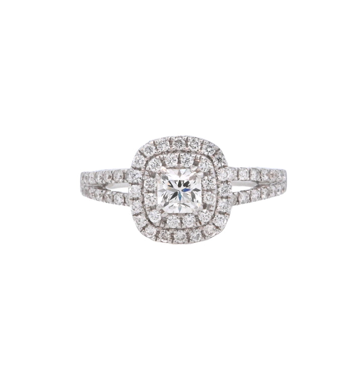 18K White Princess Diamond 1.02Ct Double Halo Engagement Ring