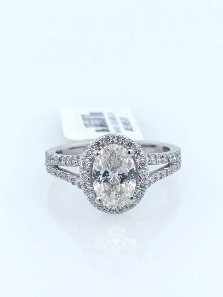 14K White Oval Diamond Halo Engagement Ring