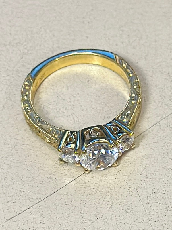 18K Yellow Gold 3-Stone CZ & Diamond Women's Ring