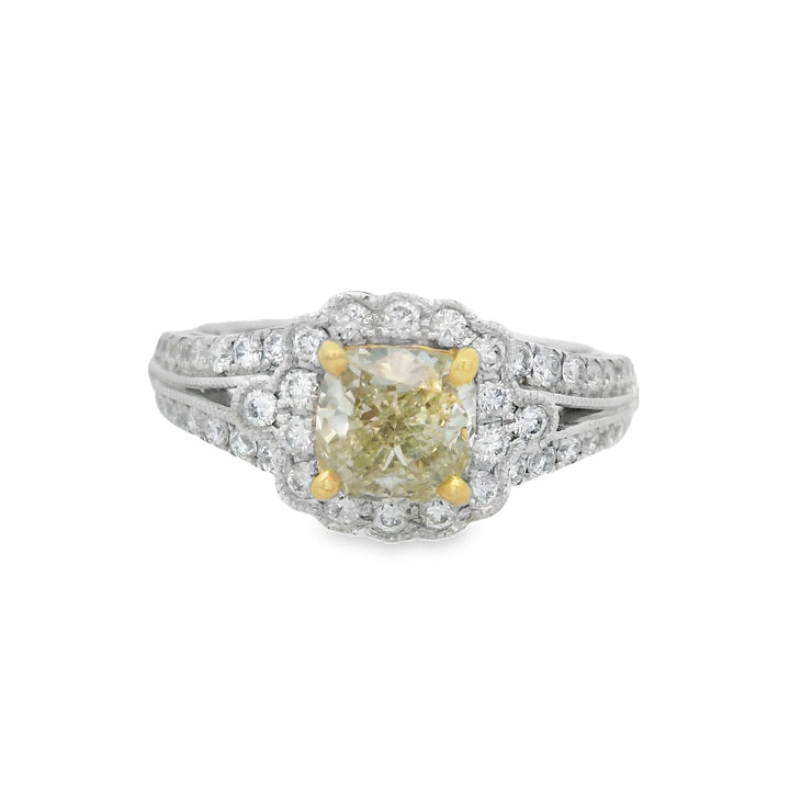 18K Two- Tone Cushion Diamond 1.03Ct Halo Engagement Ring