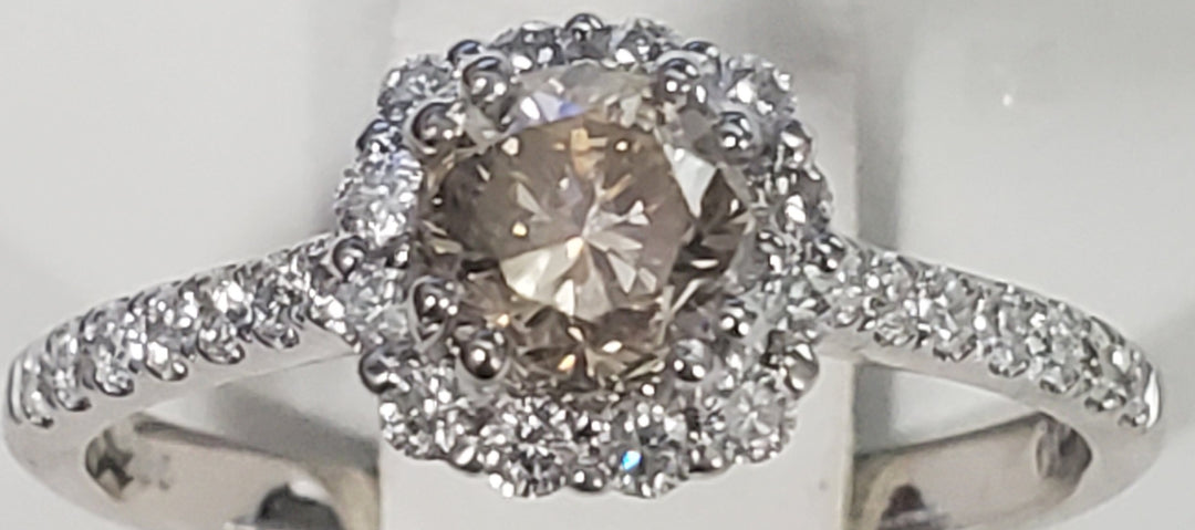 14K White Gold Champagne Diamond Halo Engagement Ring