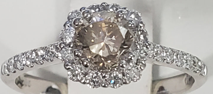 14K White Gold Champagne Diamond Halo Engagement Ring