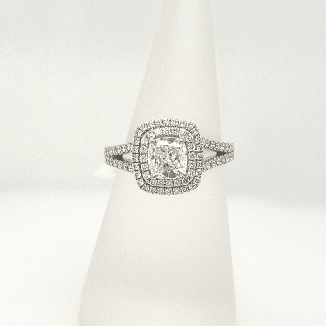 14K White Cushion Diamond 1.01Ct Halo Engagement Ring