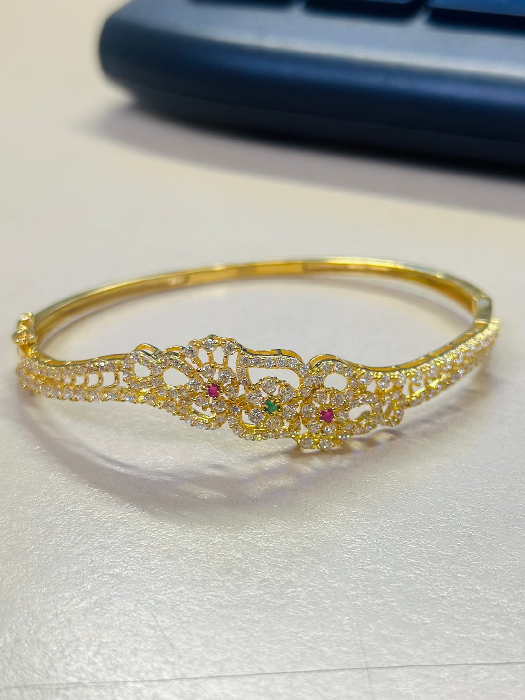 22K Yellow Gold CZ Multi-Color Stone Bangle Bracelet