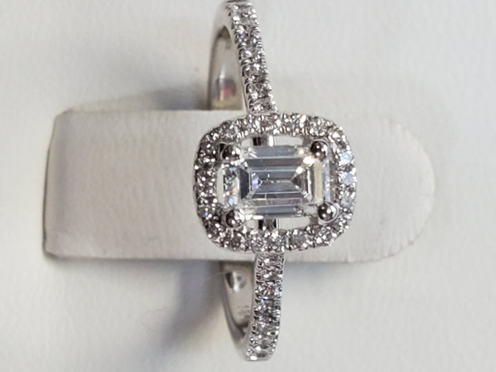 18K White Gold 0.58Ct Emerald Cut Diamond Halo Ring