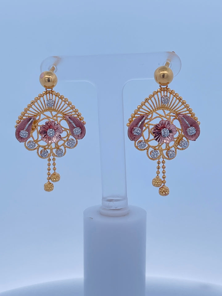 22K Yellow Gold Decorative Three-Tone Screw Back Earrings