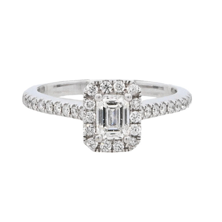 14K White Emerald- Cut Diamond 0.50Ct Halo Engagement Ring