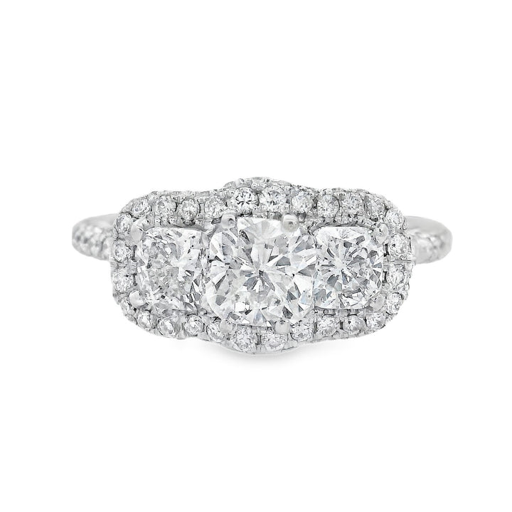 14K White Cushion Diamond 2.00Ct 3 Stone Engagement Ring