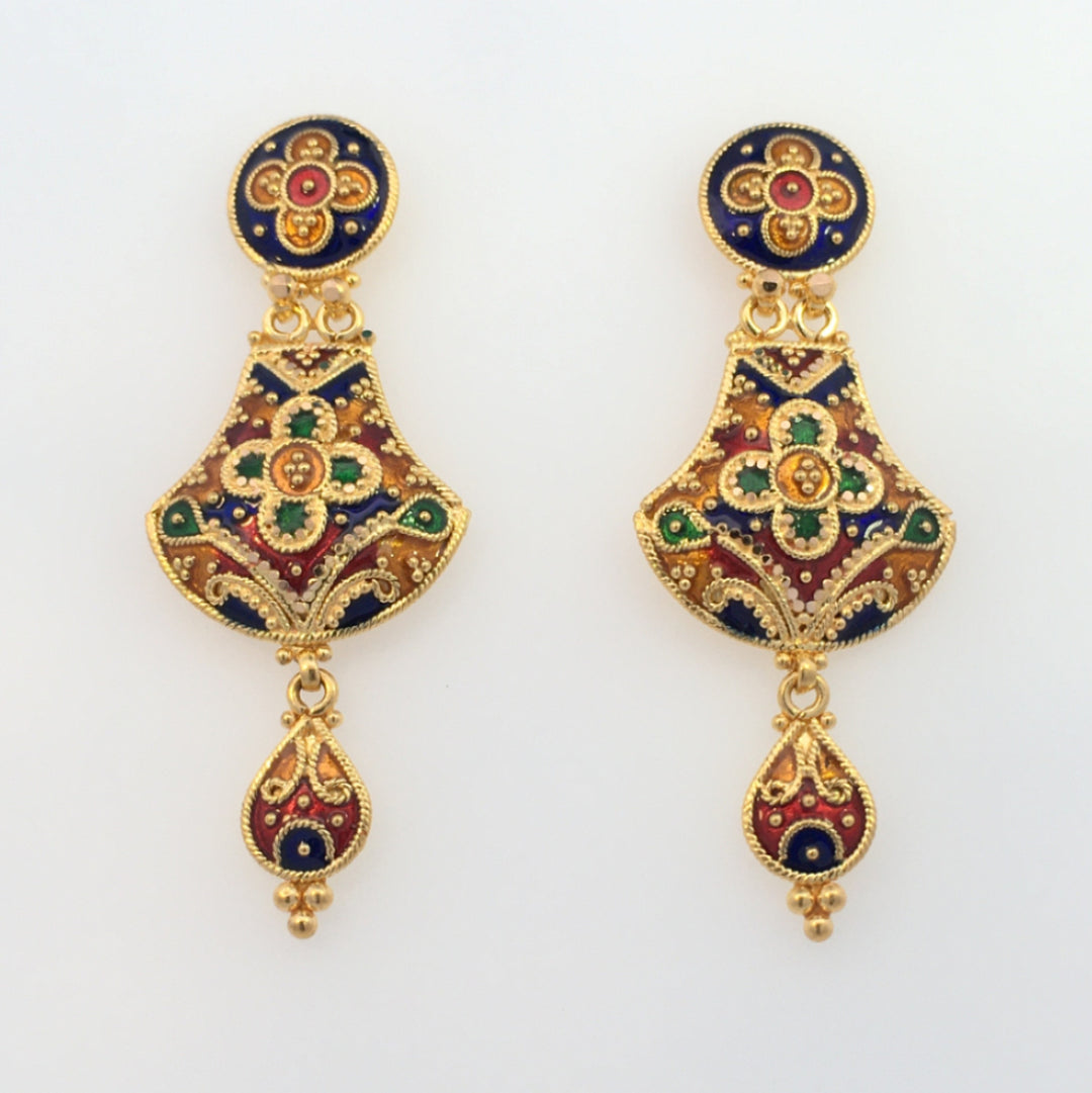22K Yellow Gold Traditional Meenakari Artisan Dangle Earrings