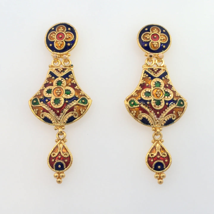 22K Yellow Gold Traditional Meenakari Artisan Dangle Earrings