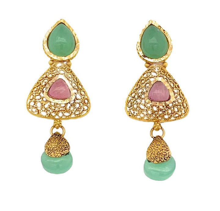 22K Yellow Gold Six-Gem Artisan Drop Earrings