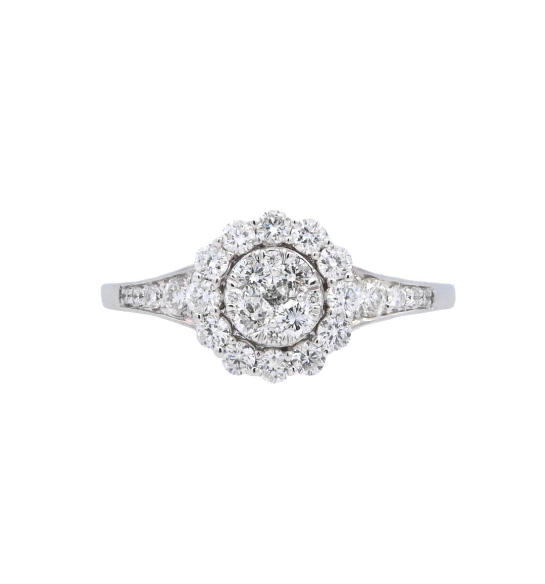 18K White Gold 0.63ctw Round Diamond Halo Engagement Ring