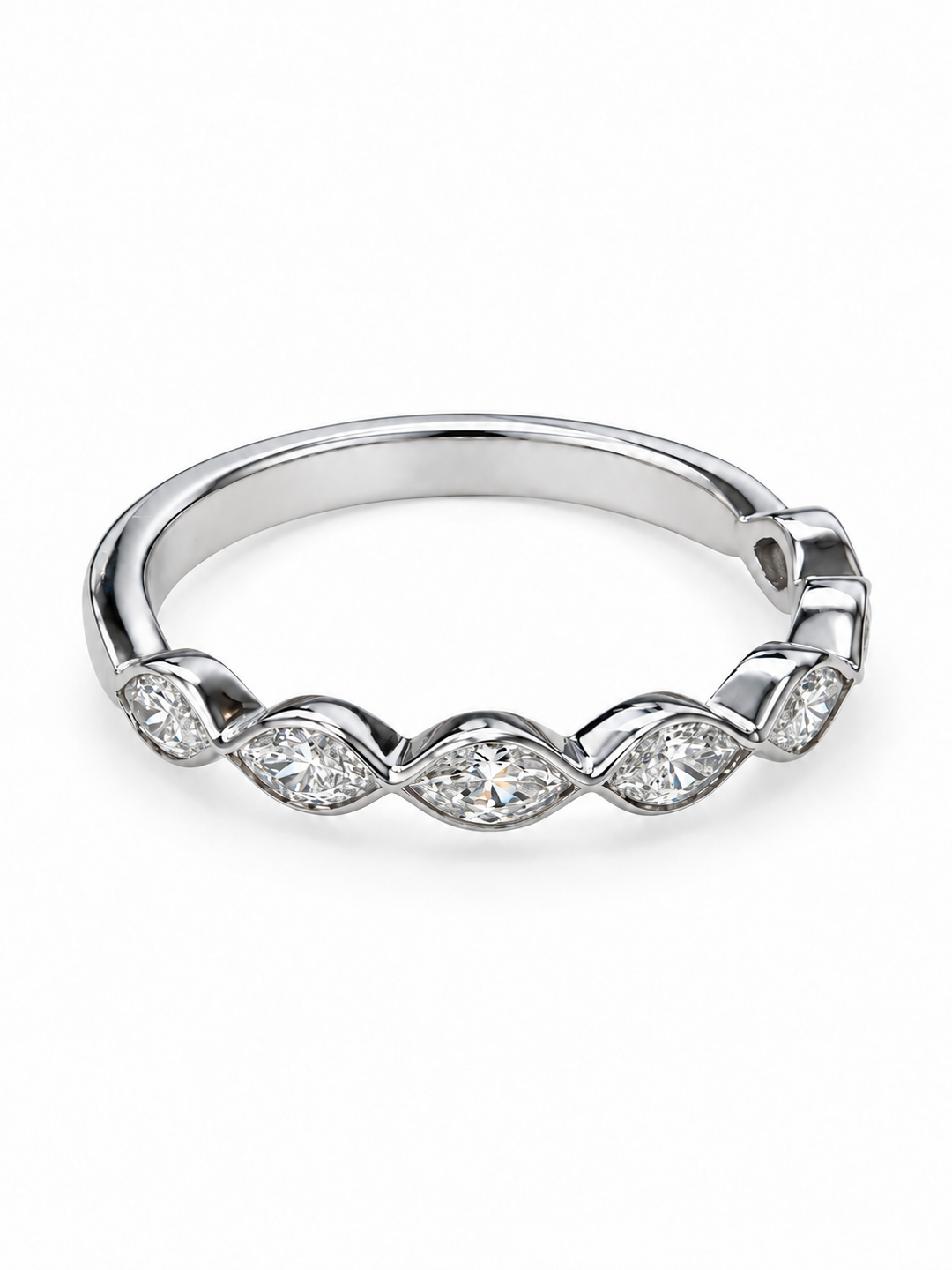 14K White Gold Marquise Diamond Wedding Band, Size 6