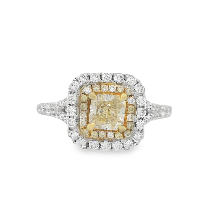 18K Two- Tone Princess Yellow Diamond 0.62Ct Double Halo Engagement Ring