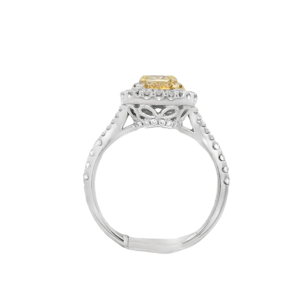 18K Two- Tone Princess Yellow Diamond 0.62Ct Double Halo Engagement Ring